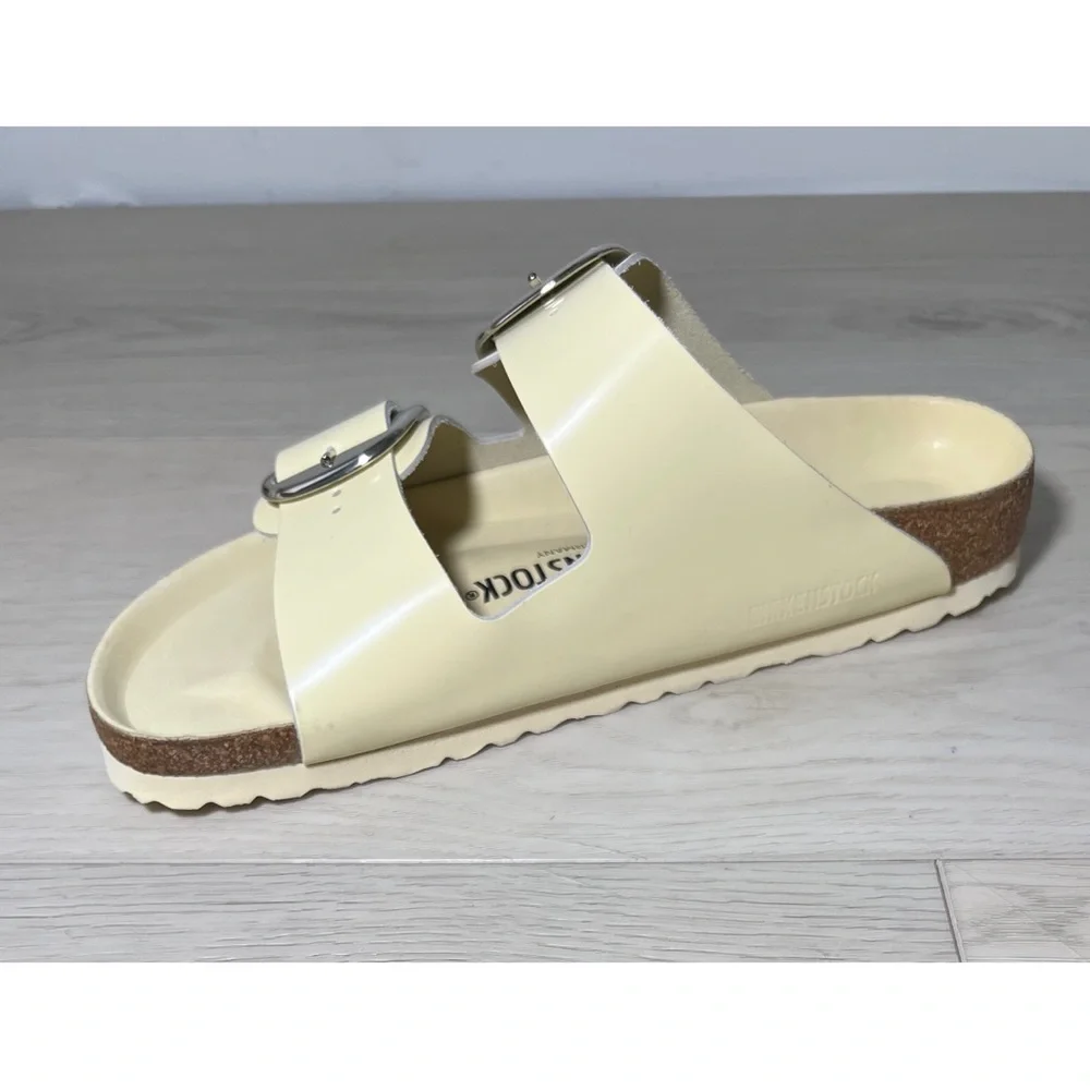 +NEW Birkenstock Arizona Big Buckle Natural Leather Patent High-Shine Butter